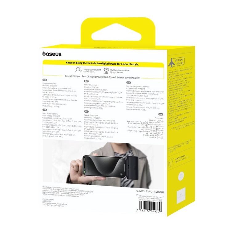 Baseus, powerbank, Compact, 5000mAh, USB-C, czarny