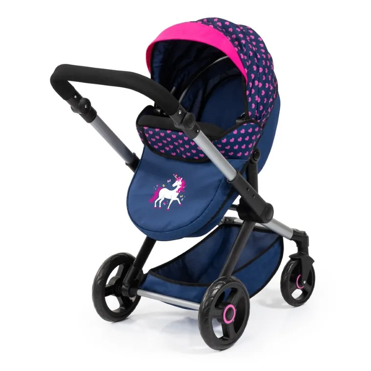 Bayer Design, Xeo Combi, głęboki wózek dla lalek z torbą, niebieski z jednorożcem