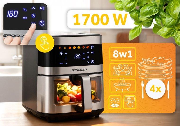 Berdsen, frytkownica beztłuszczowa, air fryer, 1700W, srebrny, 9,1l, BD-656