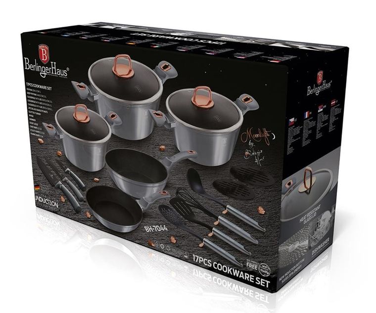 Berlinger Haus, Moonlight, zestaw: garnki granitowe z pokrywą + patelnie + akcesoria, 17 elementów