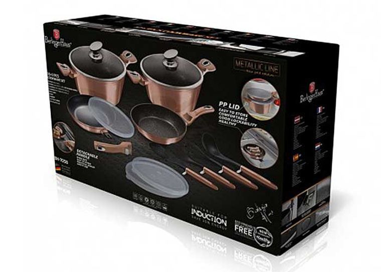Berlinger Haus, Rose Gold, zestaw: garnki granitowe z pokrywą + patelnie + akcesoria, 13 elementów