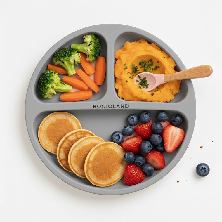 Bocioland, silikonowy talerzyk z przyssawkami i przegródkami, jasny szary