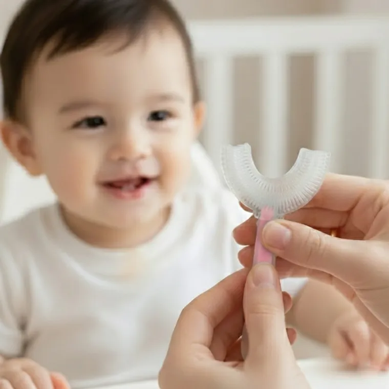 Bocioland, szczoteczka silikonowa w kształcie litery U do zębów, różowa