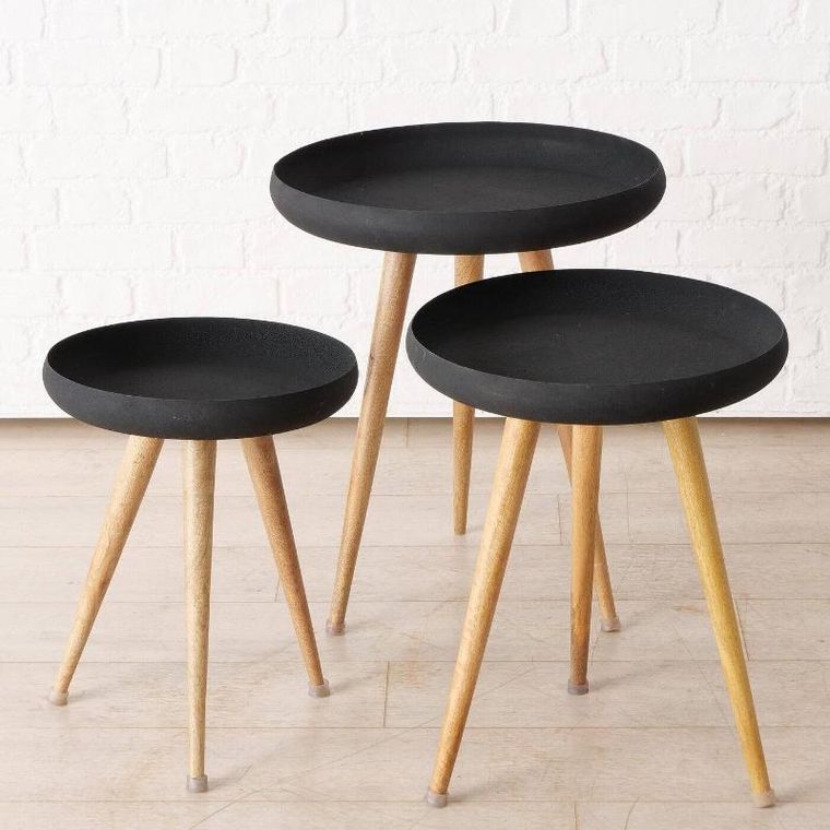 Boltze Home, stoliki kawowe loftowe z czarnym blatem i nogami z drewna mango, Masdour, 3 szt.