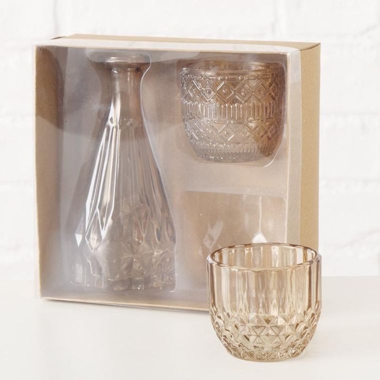 Boltze Home, zestaw szklanych dekoracji, Cherin, świeczniki i wazon