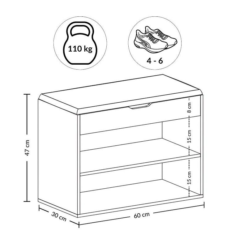 Boximo, Leva, szafka na buty z siedziskiem, 60-30-47 cm