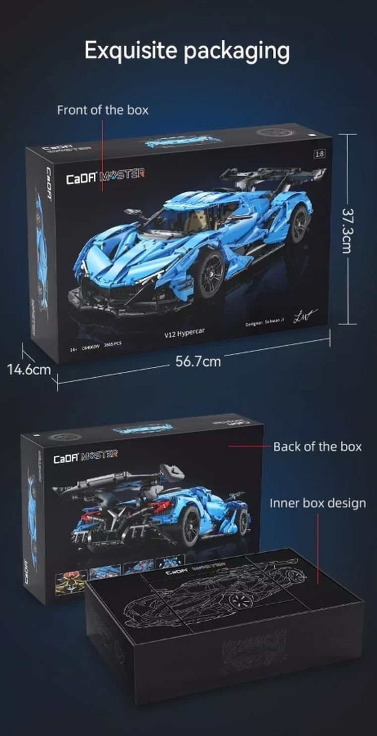 Cada, V12 Hypercar, pojazd wyścigowy, niebieski, 1:8, 60 cm, 3865 elementów