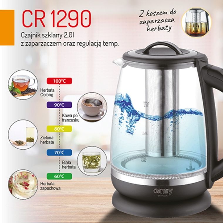 Camry, czajnik szklany z zaparzaczem, 2l
