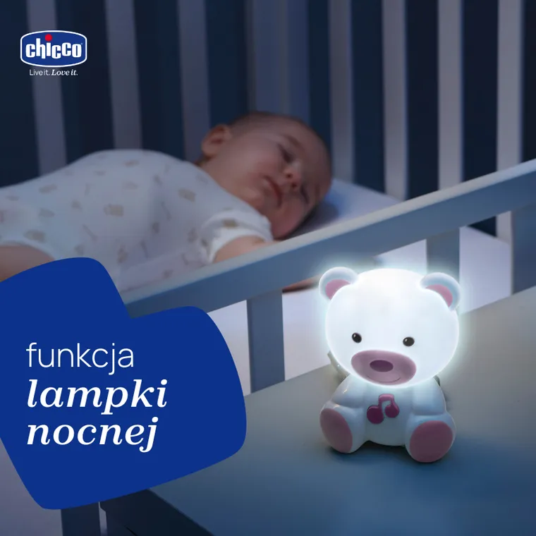 Chicco, First Dreams, lampka nocna Miś, różowa, uspokajacz z dźwiękami