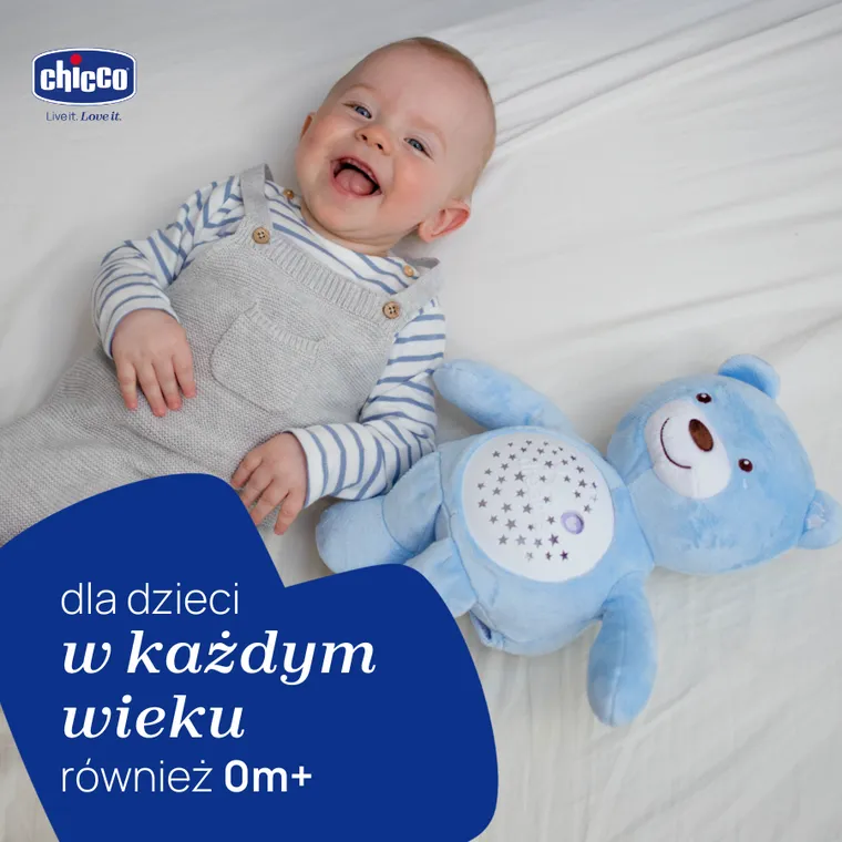Chicco, First Dreams, Miś z Projektorem, maskotka, uspokajacz z dźwiękami, muzyka klasyczna, niebieski