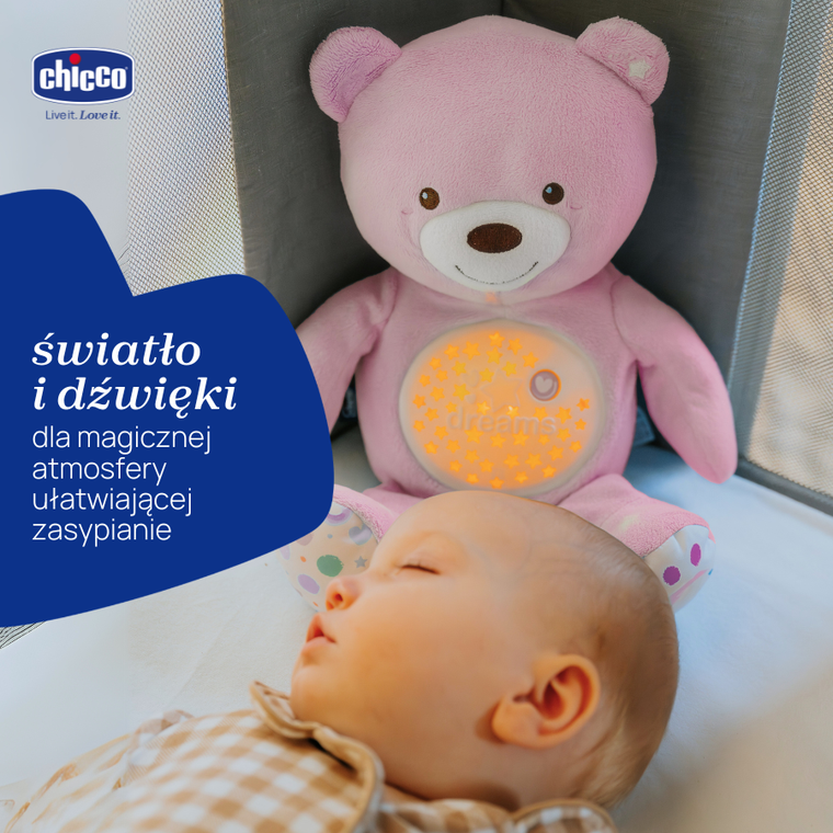 Chicco, First Dreams, Miś z Projektorem, maskotka, uspokajacz z dźwiękami, muzyka klasyczna, różowy