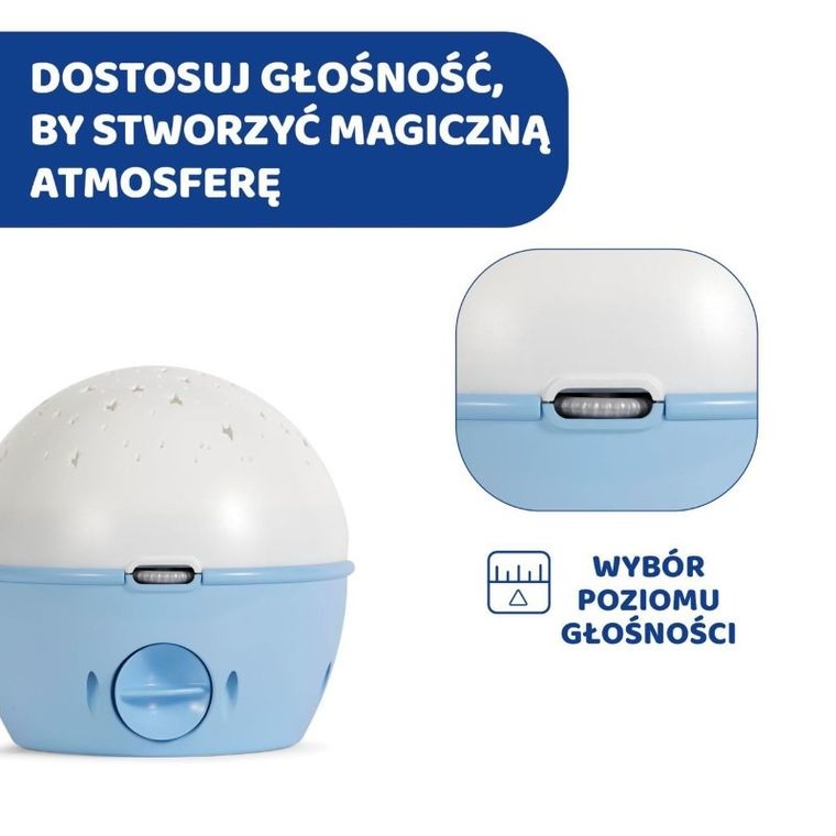 Chicco, First Dreams, Next2stars, projektor na łóżeczko z muzyką klasyczną, uspokajacz, czujnik płaczu, niebieski