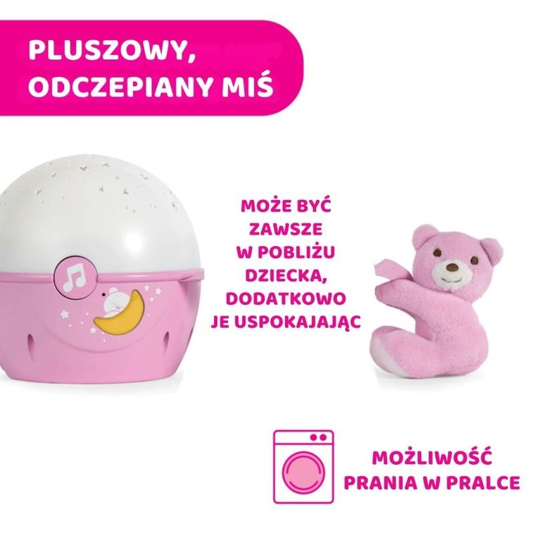Chicco, First Dreams, Next2stars, projektor na łóżeczko z muzyką klasyczną, uspokajacz, czujnik płaczu, różowy