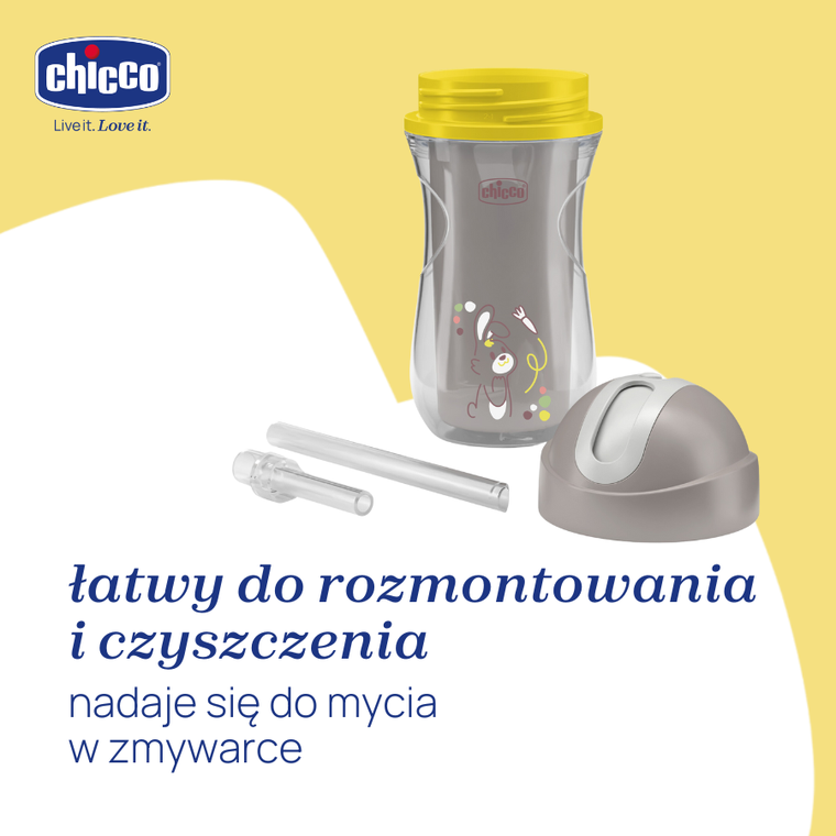 Chicco, kubek treningowy, niekapek, termiczny ze słomką, szary, 14m+, 266 ml