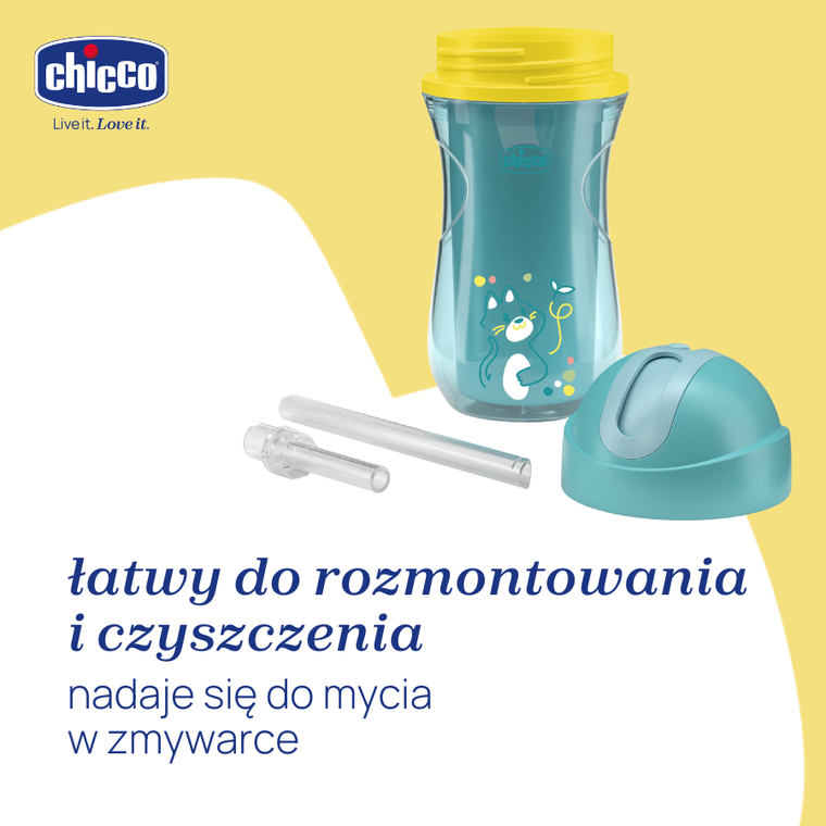 Chicco, kubek treningowy, niekapek, termiczny ze słomką, turkusowy, 14m+, 266 ml