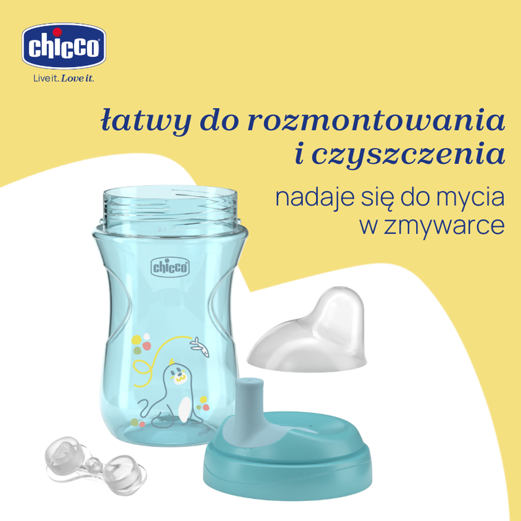 Chicco, kubek treningowy, niekapek z ustnikiem w kształcie słomki, turkusowy 12m+, 266 ml