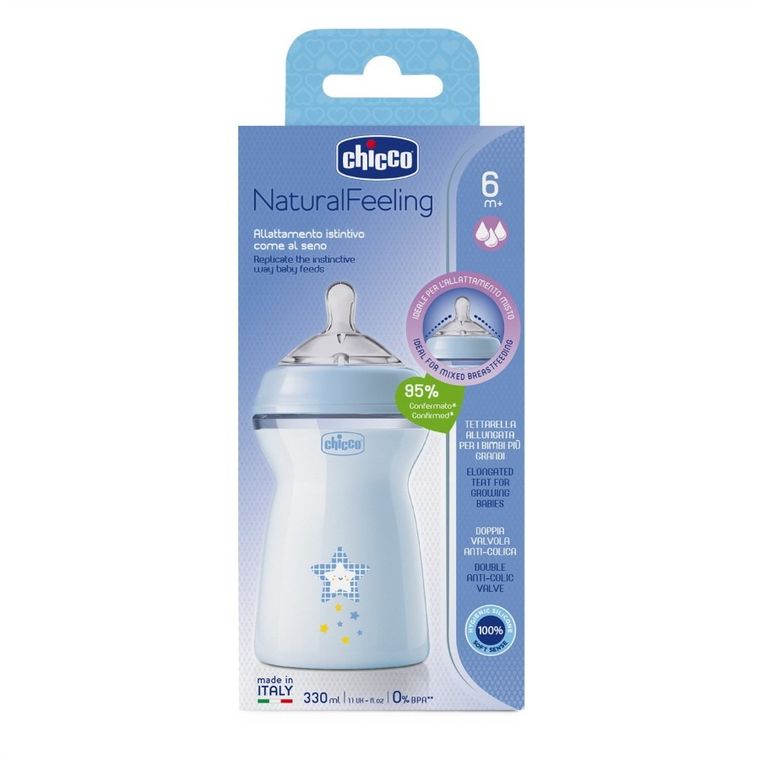 Chicco, NaturalFeeling, butelka plastikowa, przepływ średni, niebieska, 6m+, 330 ml
