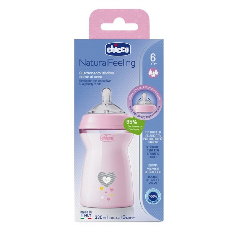 Chicco, NaturalFeeling, butelka plastikowa, przepływ średni, różowa, 6m+, 330 ml