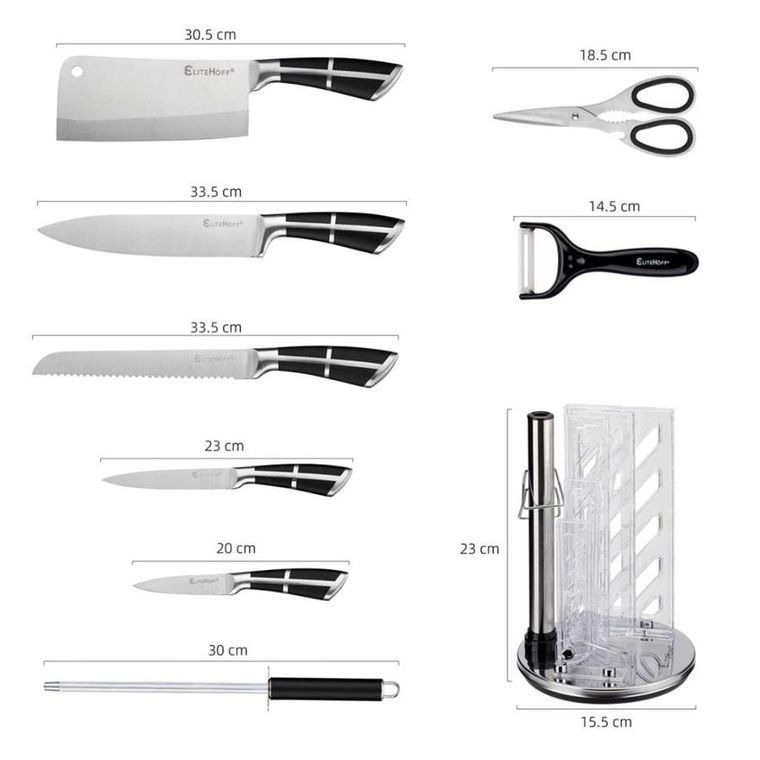 Elitehoff, zestaw noży kuchennych w stojaku z ostrzałką i nożycami, 9 elementów