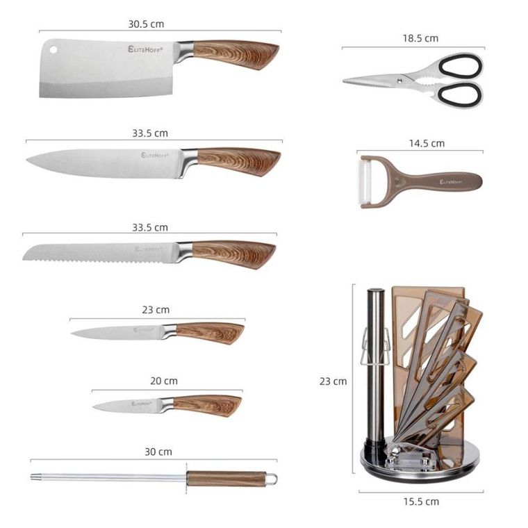 Elitehoff, zestaw noży kuchennych w stojaku z ostrzałką i nożycami, 9 elementów
