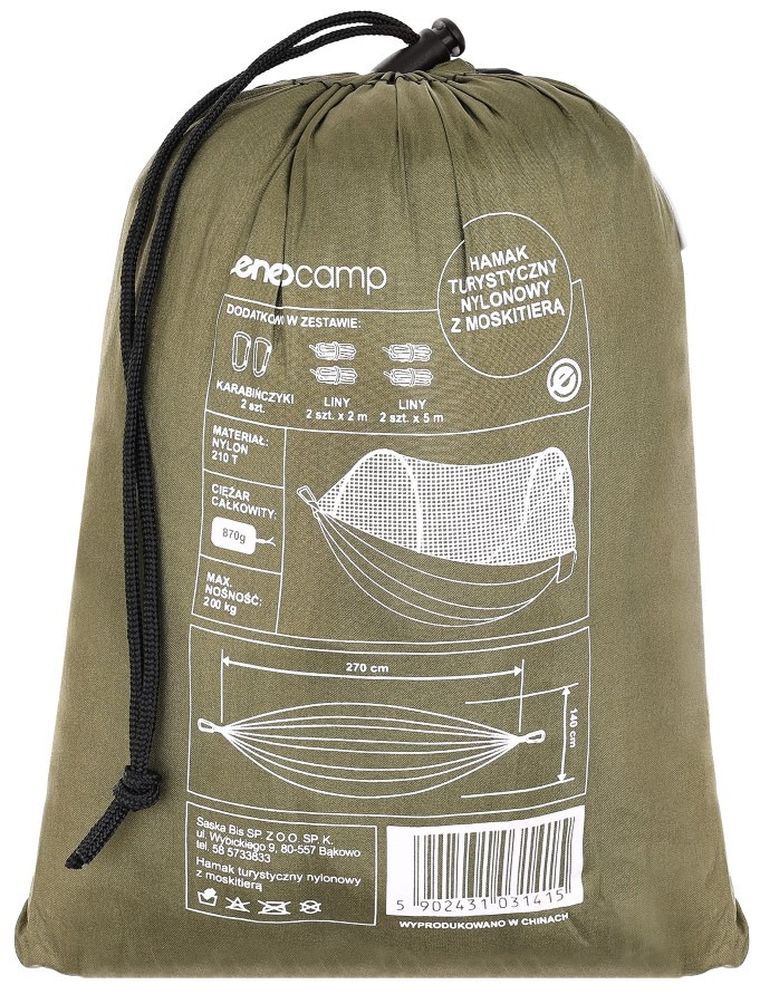 Enero, hamak turystyczny z moskitierą, 2-osobowy, zielony, 270-140 cm