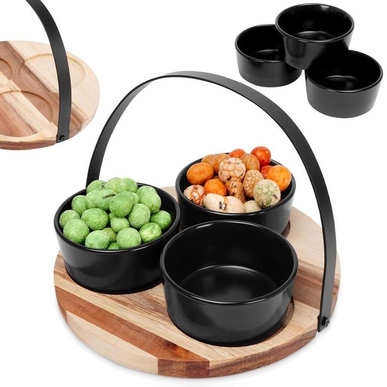 Excellent Houseware, miseczki ceramiczne do dipów, na przekąski, na tacy drewnianej, czarne, 4 elementy