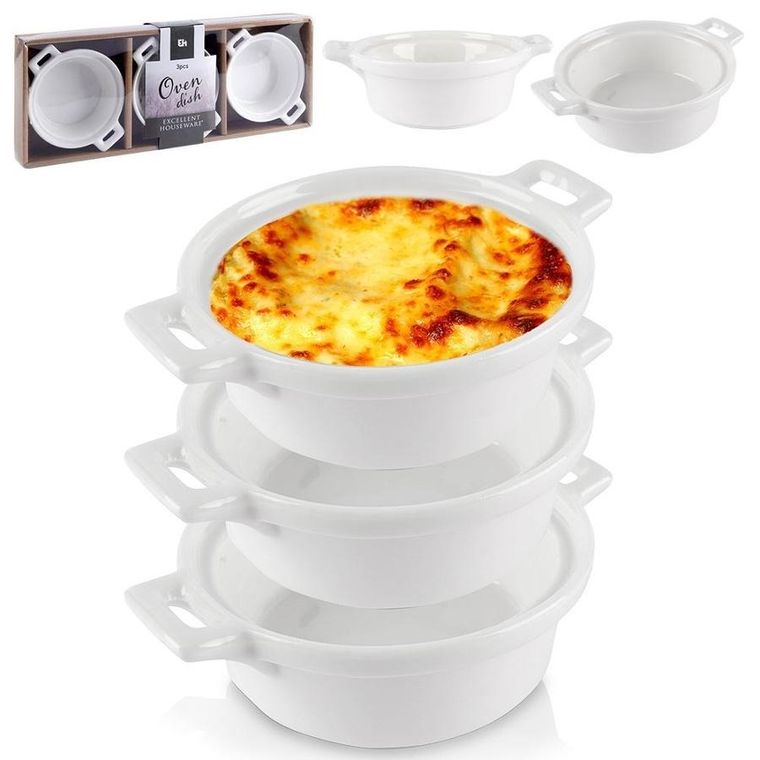 Excellent Houseware, miseczki do zapiekania, porcelanowe okrągłe, 3 szt., 130 ml