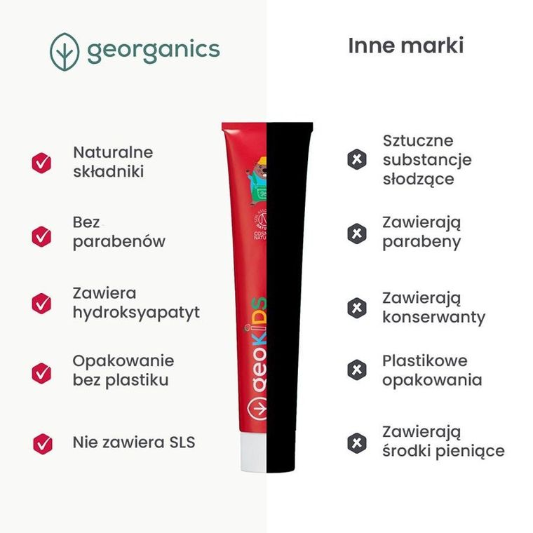 Georganics, GeoKIDS, naturalna pasta do zębów dla dzieci z hydroksyapatytem, na mocne szkliwo, strawberry, 75 ml