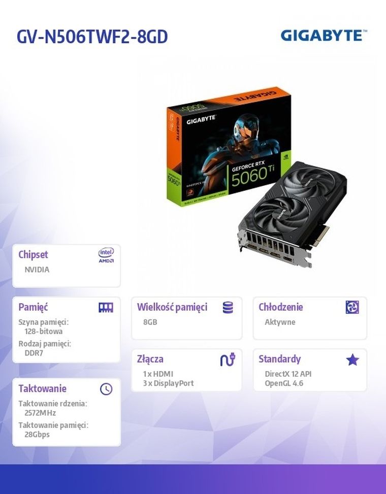 Gigabyte, GeForce RTX 5060 Ti WINDFORCE 8G 128BIT GDDR7, karta graficzna, HDMI/3DP