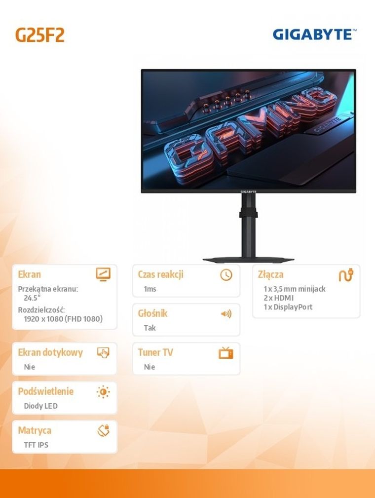 Gigabyte, monitor, LED, 24.5", G25F2, 200Hz