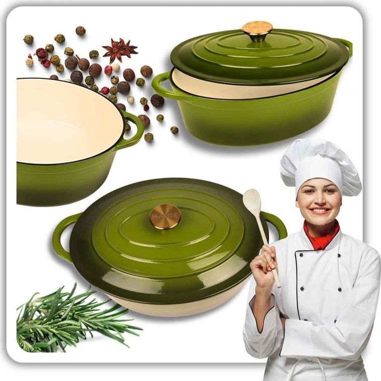 Hage, brytfanna żeliwna, emaliowana, gęsiarka, oliwkowa, 6l