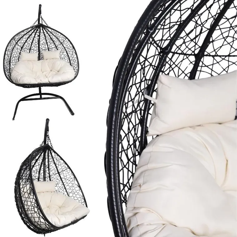 HaloFuture, fotel wiszący, dwuosobowy, kokon, czarny, beżowa poduszka