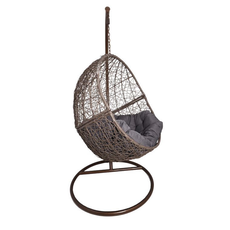 HaloFuture, fotel wiszący, kokon, huśtawka, brązowy, szara poduszka