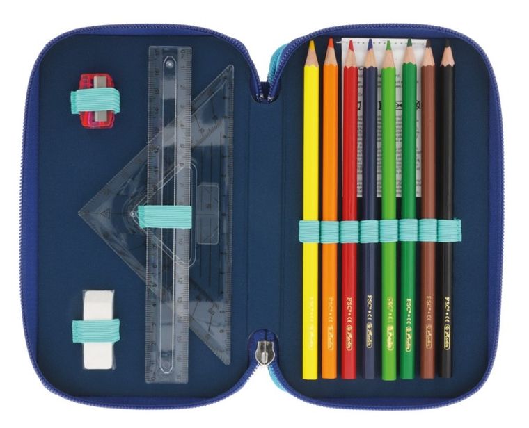 Herlitz, piórnik rozkładany, potrójny, z wyposażeniem, niebiesko-turkusowy