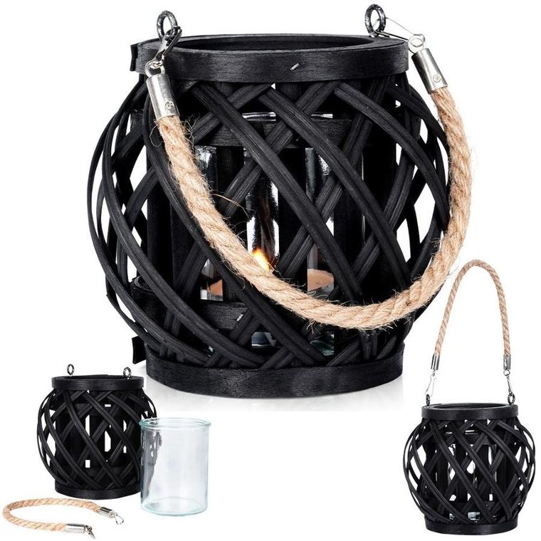 Home Styling Collection, lampion na świeczkę, bambusowy, czarny, 14,5-14 cm