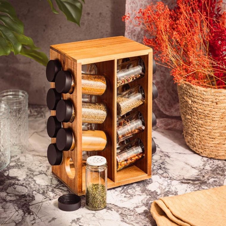 Homla, Lenne, zestaw przyprawników na stojaku obrotowym, 16 słoiczków, 28-17-12 cm