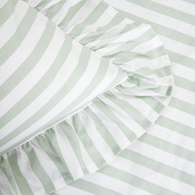Homla, Trudy, pościel, bawełniana w pistacjowe paski z falbanką, 160-200 cm