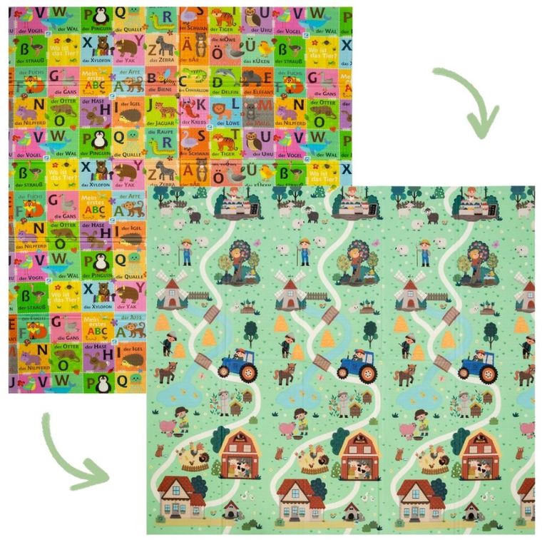 Humbi, dwustronna mata edukacyjna z pianki XPE, alfabet niemiecki i wieś, 180-200 cm