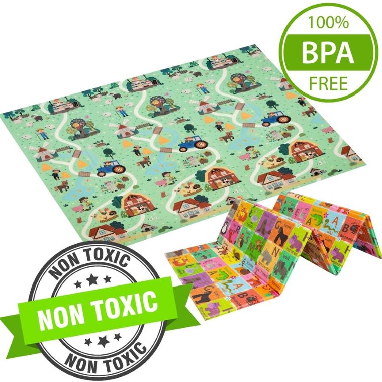 Humbi, dwustronna mata edukacyjna z pianki XPE, alfabet polski i wieś, 180-200 cm