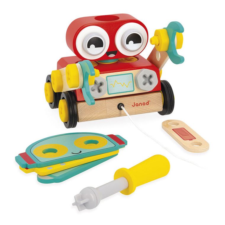Janod, Brico ‘Kids, drewniany robot, zestaw majsterkowicza do skręcania i ciągnięcia