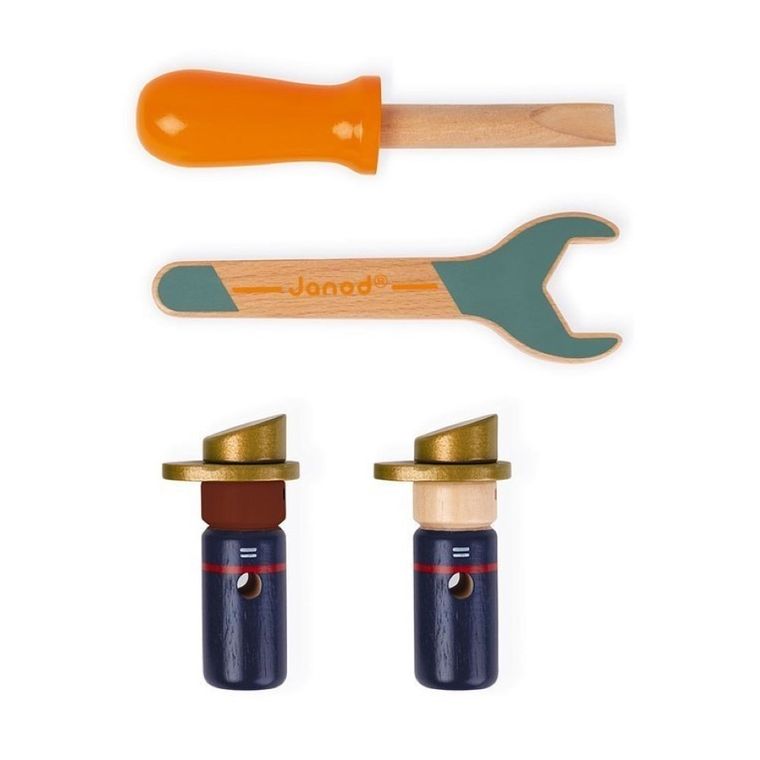 Janod, Brico ‘Kids, drewniany wóz strażacki do składania z narzędziami