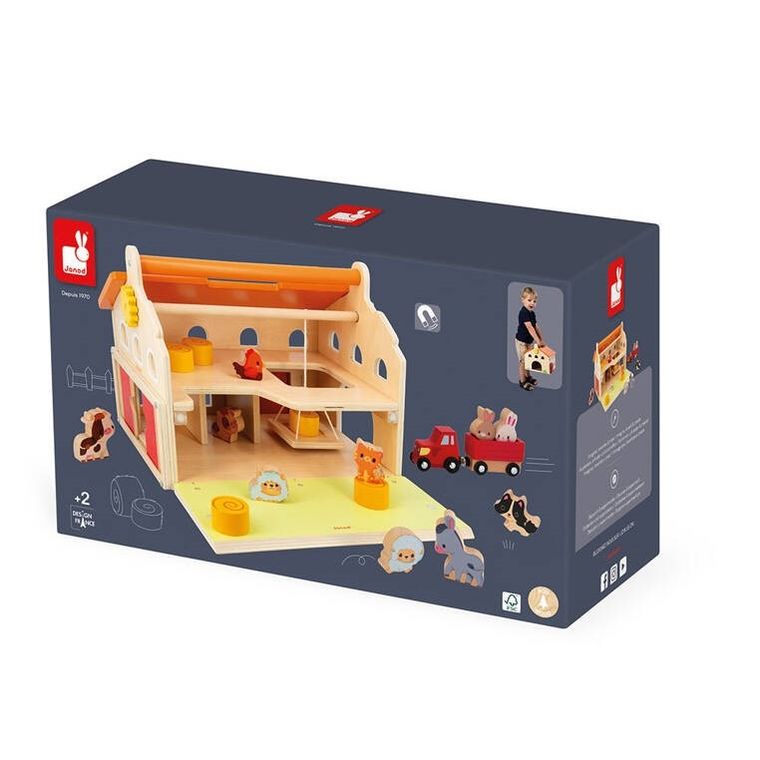 Janod, drewniana farma z otwieranym dachem i figurkami