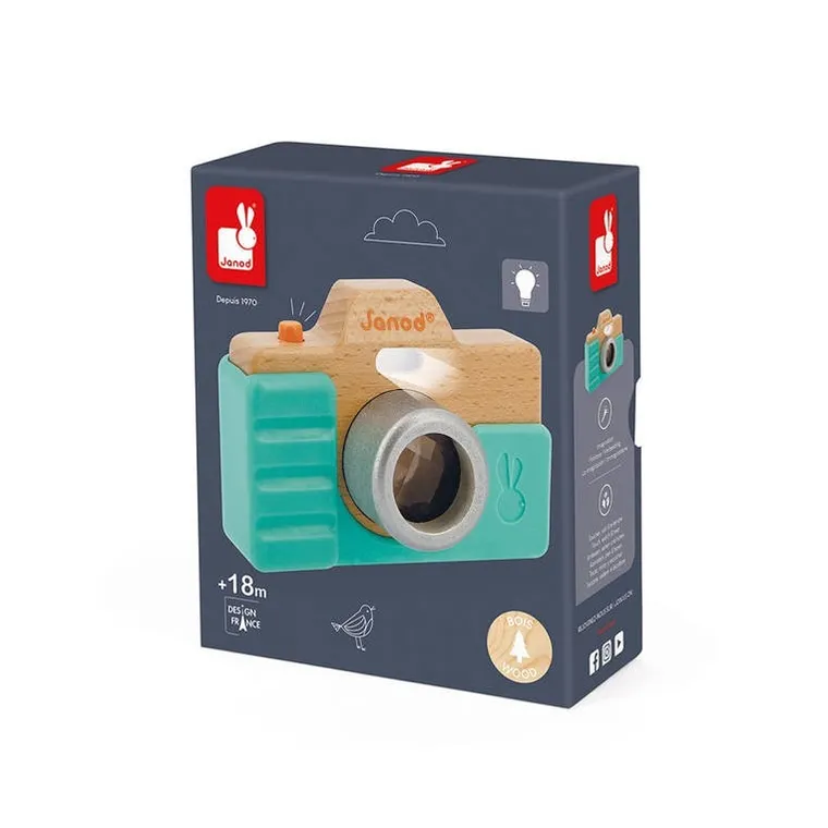 Janod, drewniany aparat fotograficzny z dźwiękiem i lampą błyskową
