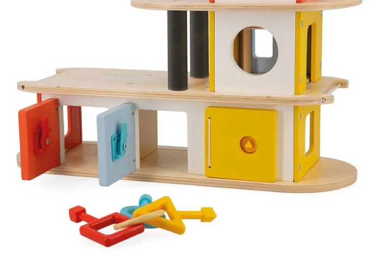 Janod, drewniany garaż piętrowy, zestaw z akcesoriami
