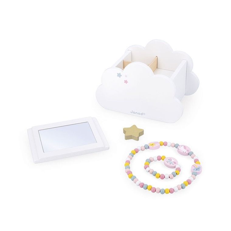 Janod, Jednorożce, szkatułka na biżuterię z lusterkiem, naszyjnikiem i bransoletką