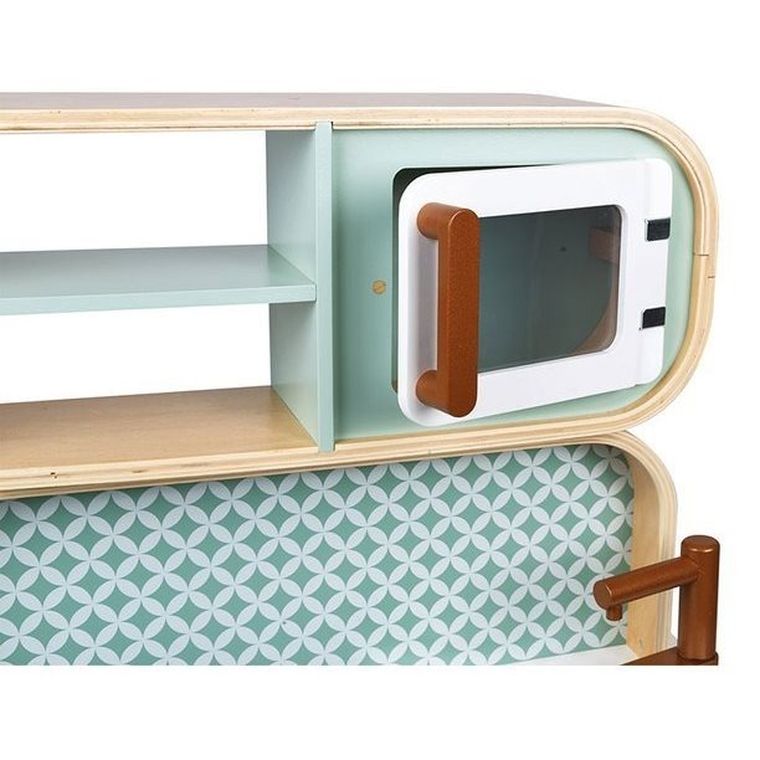 Janod, kuchnia z pralką, dwustronna, drewniana, 2w1, z dźwiękiem, światłem LED z 8 akcesoriami