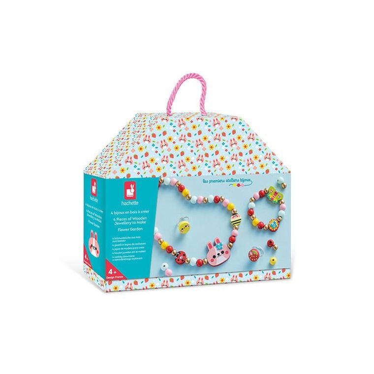 Janod, Ogród kwiatów, zestaw kreatywny do tworzenia biżuterii z drewna