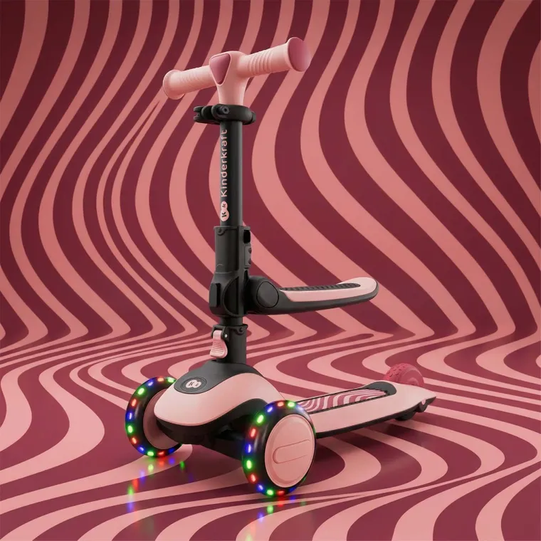 Kinderkraft, Halley 2, hulajnoga 3-kołowa, balansowa 2w1, LED, Rose Pink