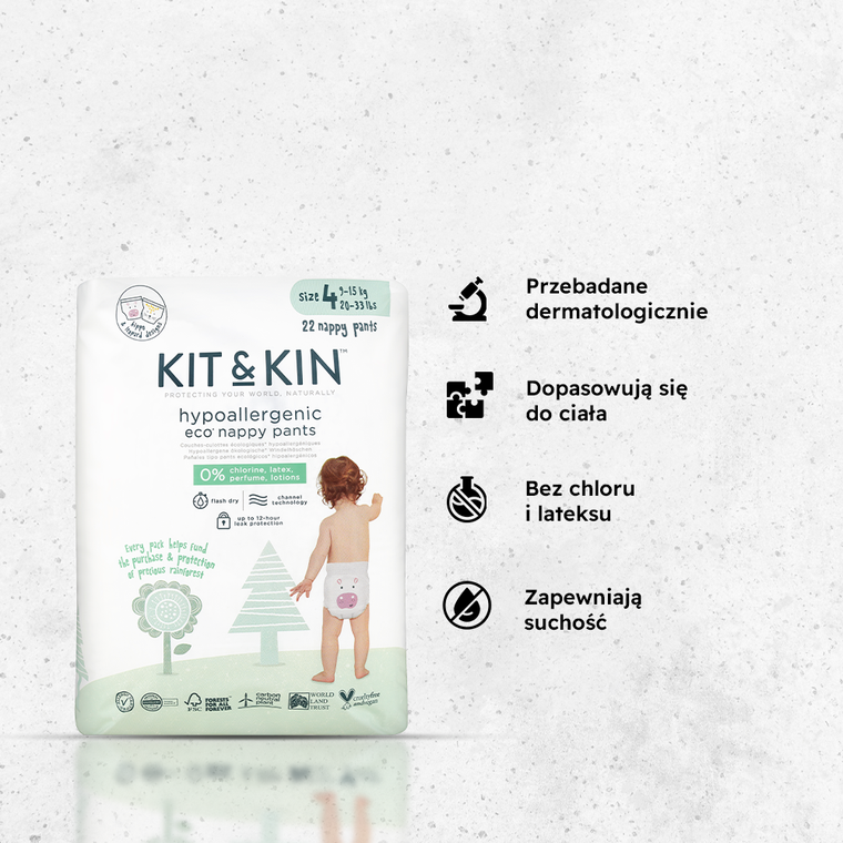 Kit and Kin, biodegradowalne pieluchomajtki, Nappy Pants, rozmiar 4, 9-15 kg, hippo i leopard, 22 szt.