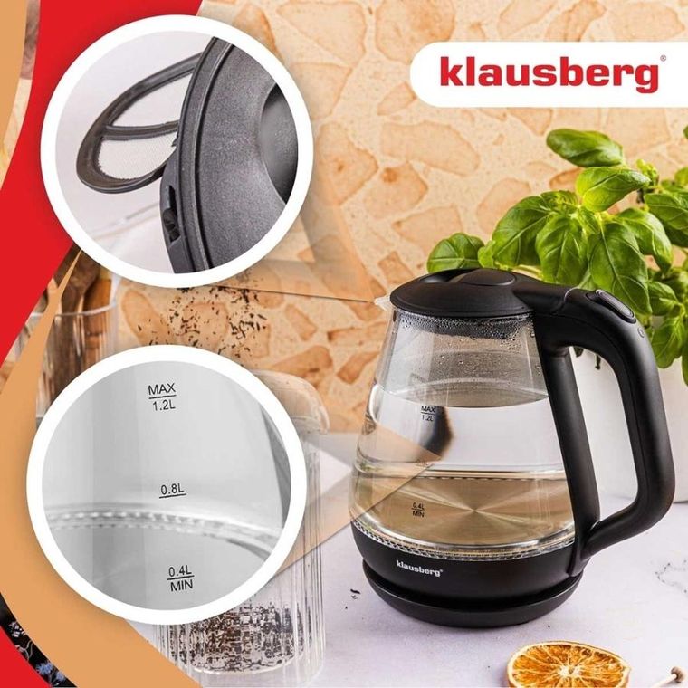 Klausberg, czajnik elektryczny, szklany, LED, 1,2l, KB-9003